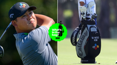 Si Woo Kim hits a driver, with a close up of his golf bag