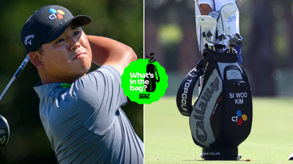 Si Woo Kim hits a driver, with a close up of his golf bag