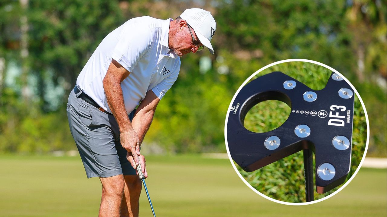 Phil Mickelson hits a putt with an insert of a LAB Golf putter