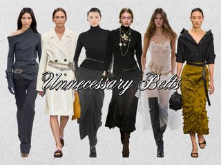 a collage showing the long haul fashion trend unnecessary belts is shown in on models walking the fall 2024 and spring 2025 collections of Tod's, Prada, Max Mara, Chanel, Chloé, and Michael Kors