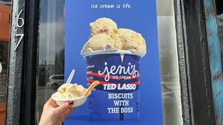 Ted Lasso ice cream in front of poster