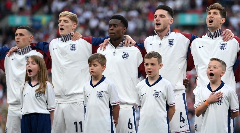 England players sing the national anthem ahead of their Euro 2024 warm-up game against Iceland at Wembley in June 2024.