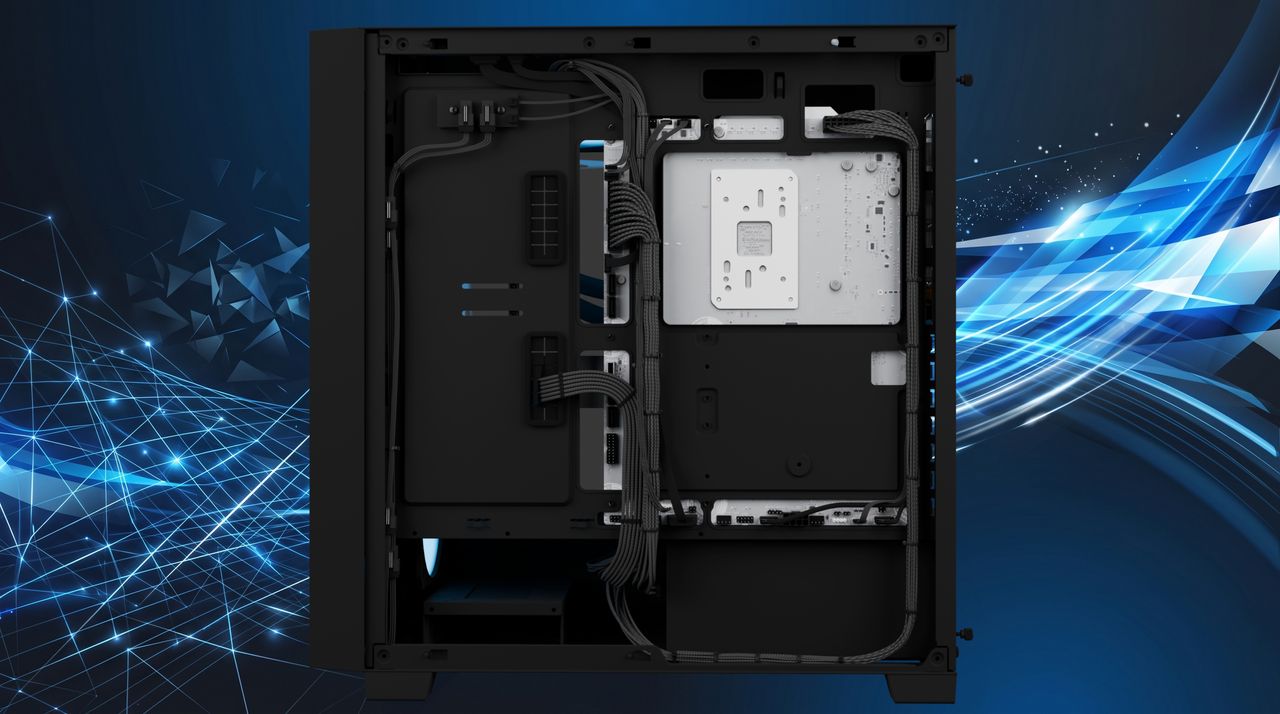 Computer case interior showing organized cables against a black and metallic background. Blue digital patterns convey a tech-focused theme.