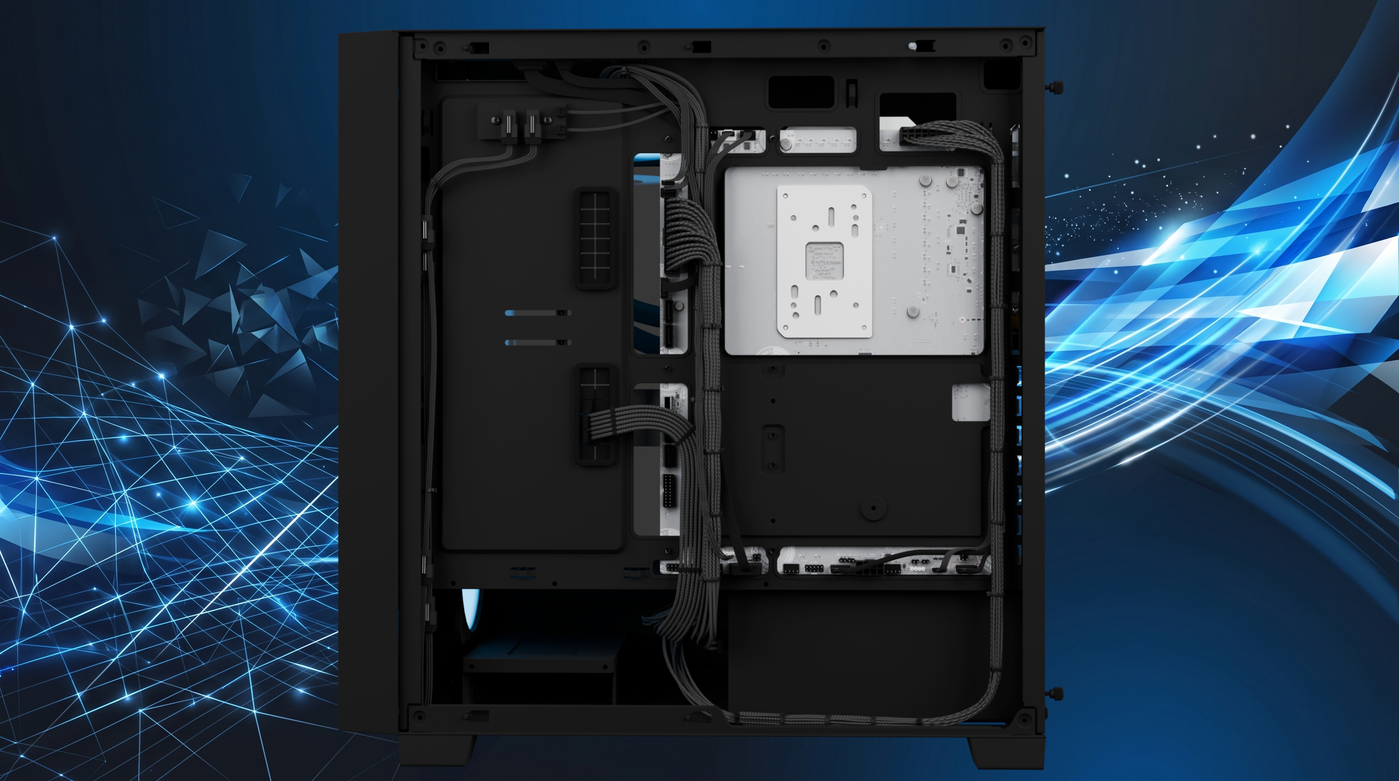 Computer case interior showing organized cables against a black and metallic background. Blue digital patterns convey a tech-focused theme.