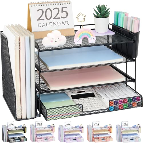 Opnice Desk Organizer and Accessories, 4-Tier Desktop File Organizer With Drawer and 2 Pen Holders, Office Desk Accessories, File Sorters, Workspace Organizers for Office Supplies(black)