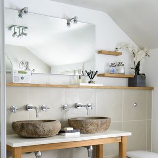 bathroom with mirror and two basin and tap
