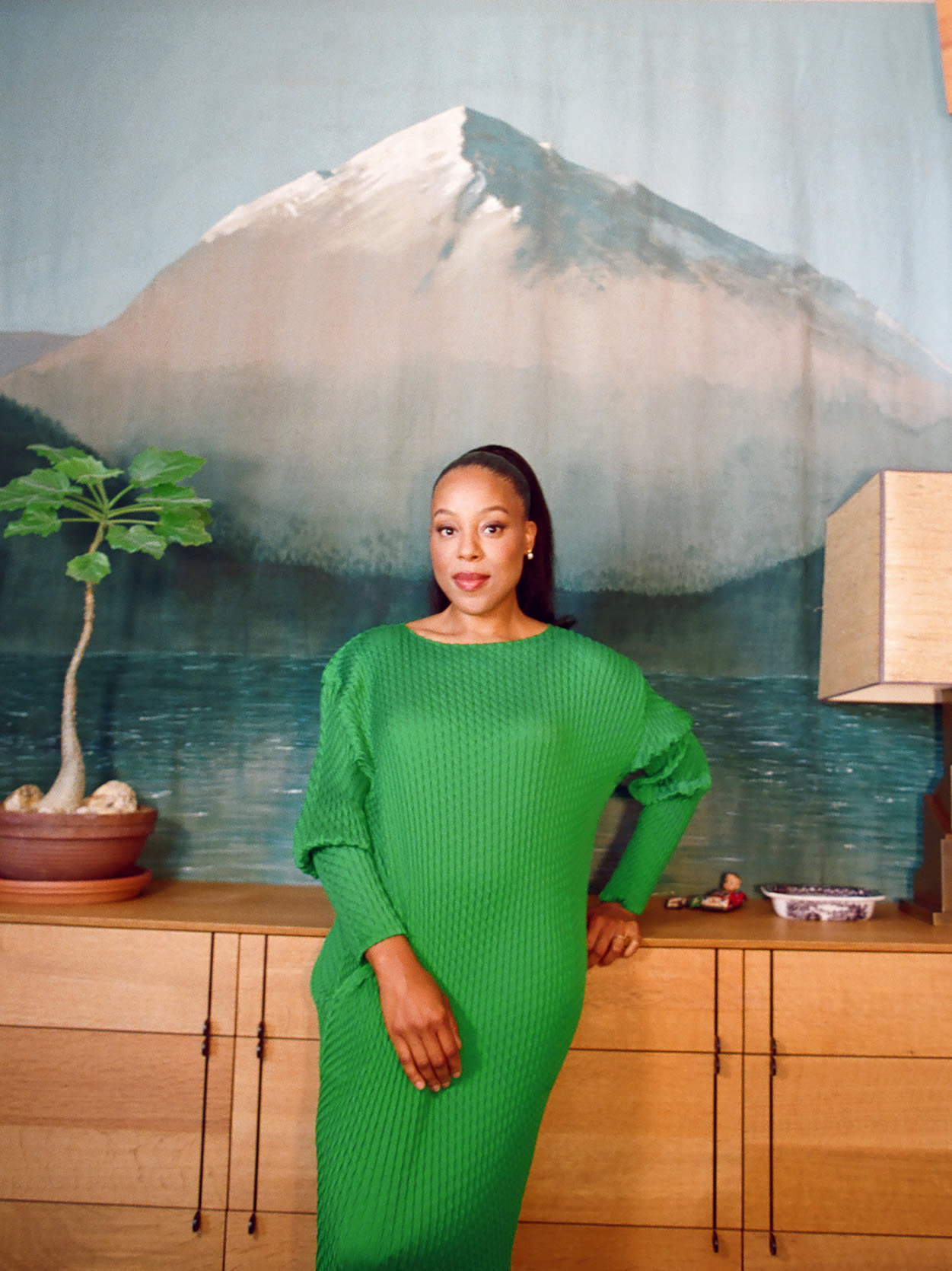 Orion Pictures President Alana Mayo wears a green sweater dress while leaning against a wooden sideboard in front of a large painting of a mountain by the sea.