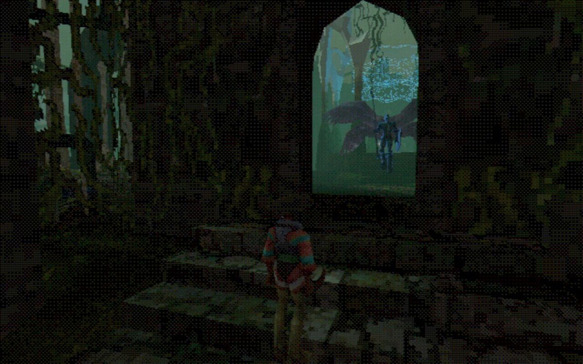 Entropy screenshot character approaching doorway with angel visible behind