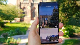 Google Lens scanning a cathedral outdoors on a Pixel 4a.