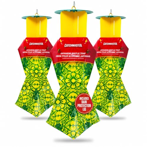Catchmaster Japanese Beetle Traps W/rain-Proof Cap 3-Pack &amp;amp; Dual Lure, Beetle Bag Trap, Hanging Beetle Catcher, Pest Control for Backyard &amp;amp; Garden, Plants, Trees, Vegetables &amp;amp; Flowers
