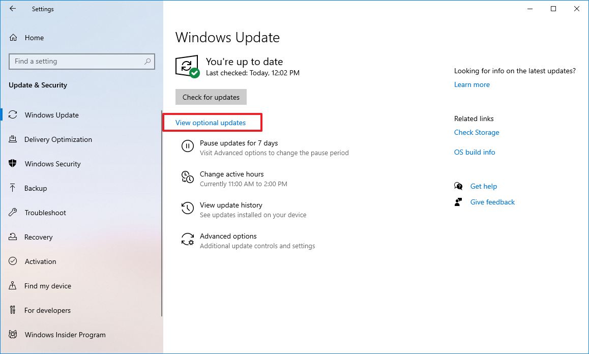 View optional updates on Windows 10
