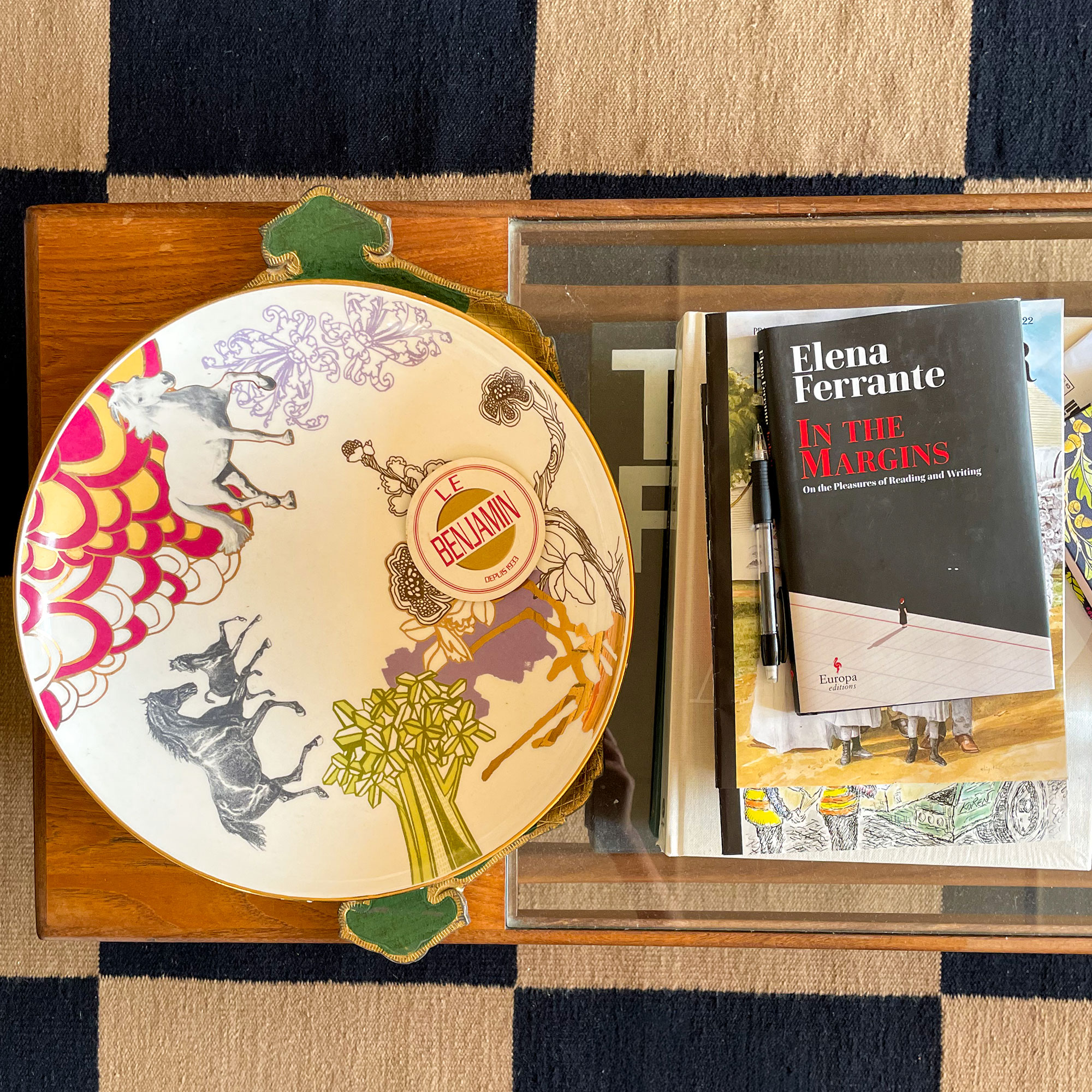 Overhead shot of patterned bowl on coffee table
