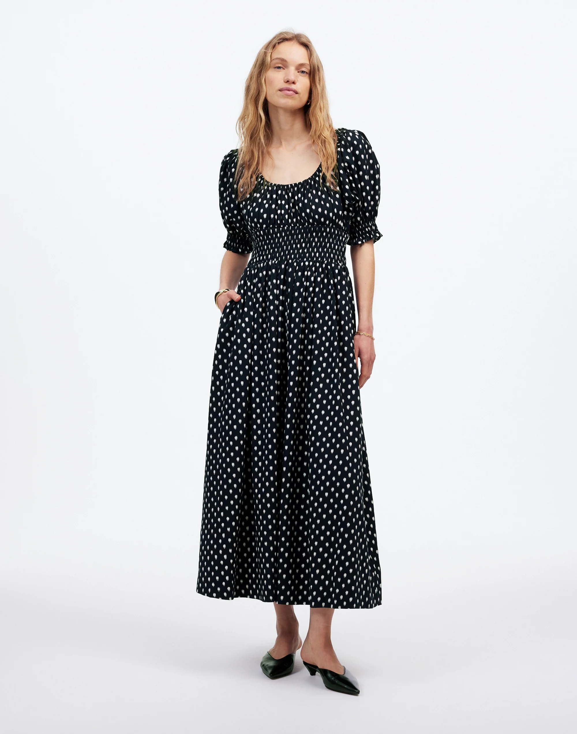 Smocked-Waist Midi Dress in Shibori Dot Print