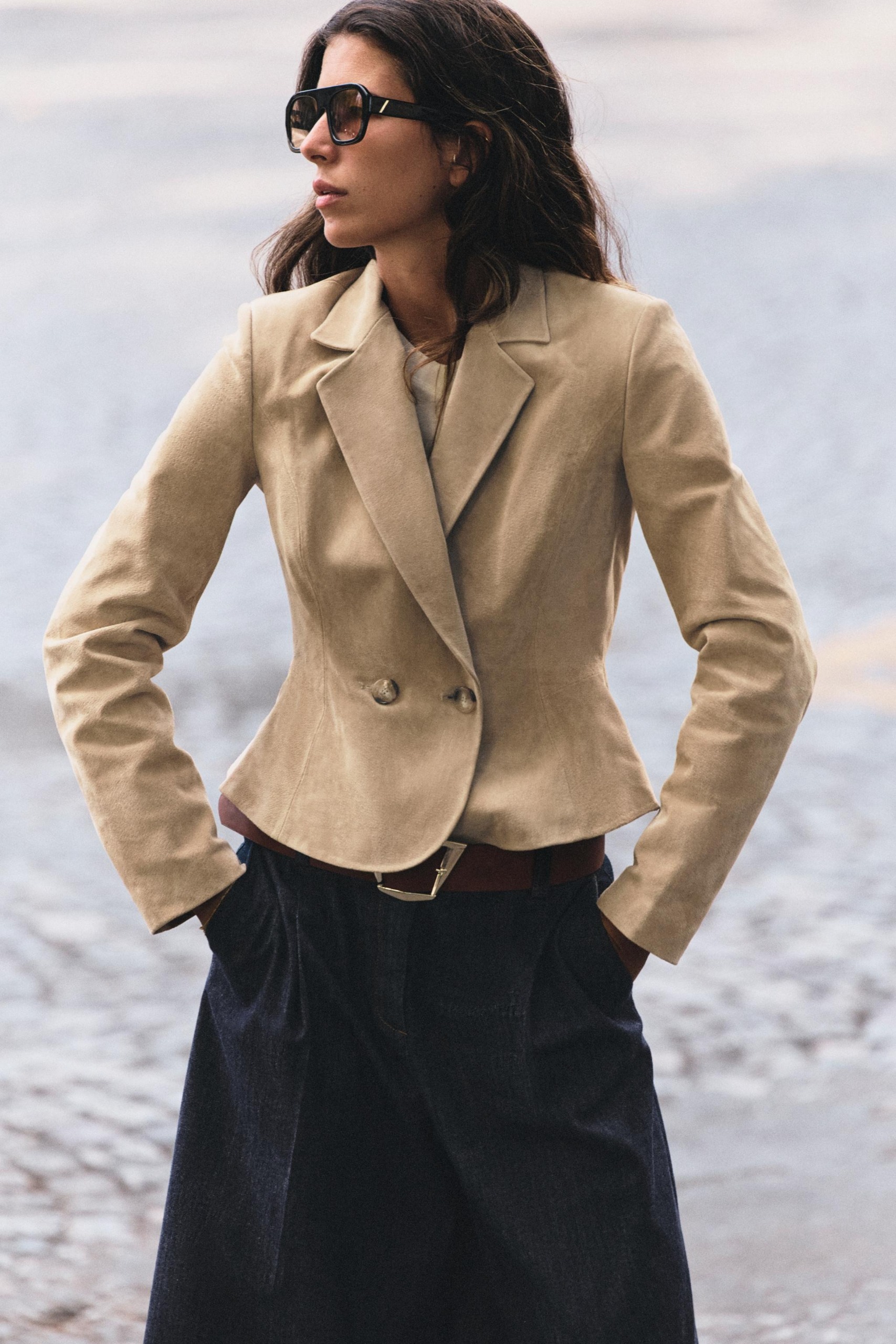 ZARA, 100% Leather Cropped Blazer With Shoulder Pads - Sand - Xs