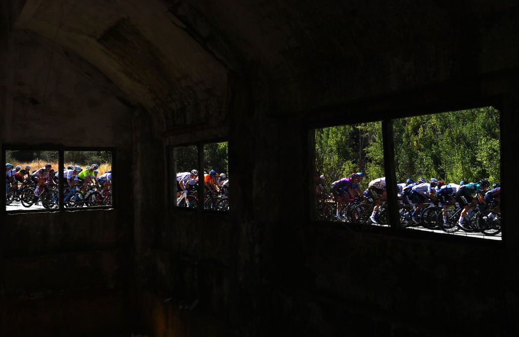 MONASTERIO DE TENTUDA SPAIN SEPTEMBER 07 A general view of the peloton competing during the 77th Tour of Spain 2022 Stage 17 a 1624km stage from Aracena to Monasterio de Tentuda 1095m LaVuelta22 WorldTour on September 07 2022 in Monasterio de Tentuda Spain Photo by Justin SetterfieldGetty Images