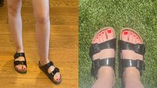 Two imgaes of Caroline Parr wearing Birkenstock Arizona sandals 