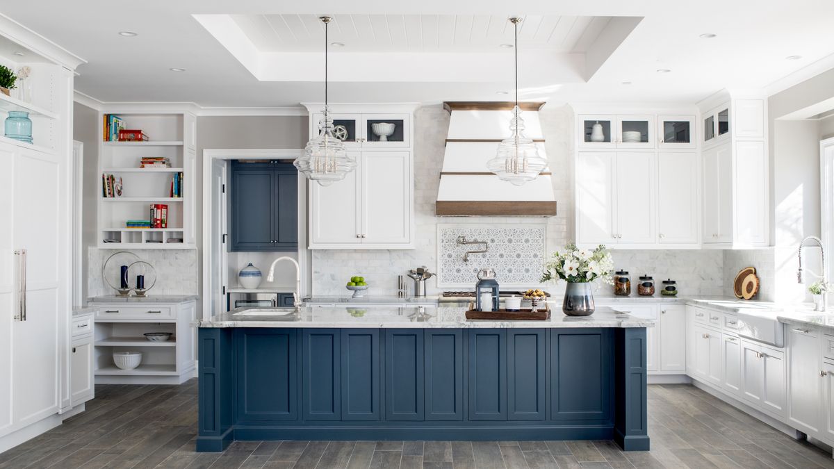 Blue Kitchen Cabinetry with Aged Brass Knobs - Transitional - Kitchen