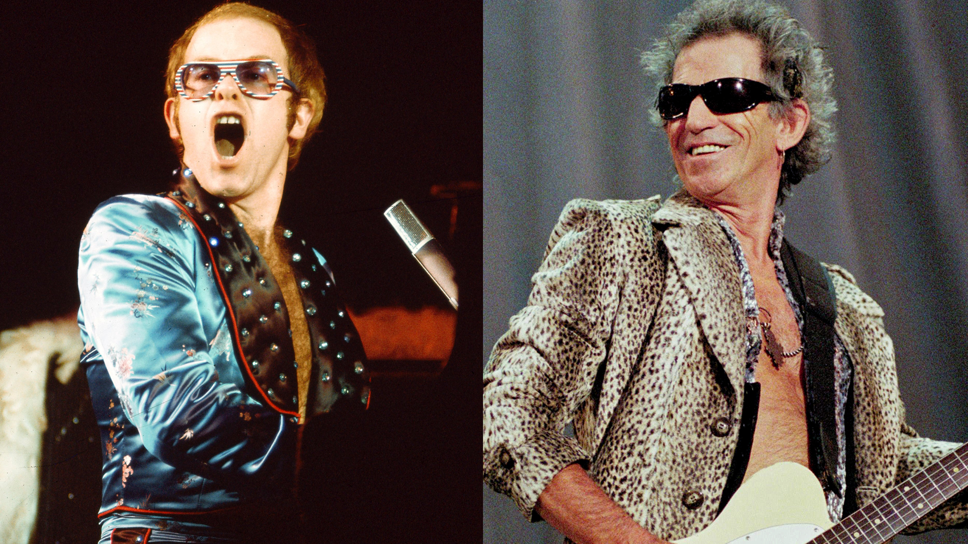 LEFT: Elton John performs at London's Hammersmith Odeon, December, 1973. RIGHT: Keith Richards performs with the Rolling Stones in Amsterdam, June 29, 1996 
