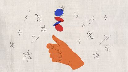 Illustrative collage of a hand flipping a coin. Both sides are seen as it flips, red and blue.