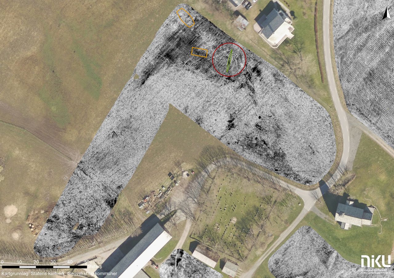 The landscape around the Edoy ship. Two houses, highlighted here in orange, were found near the ship. They are likely part of a settlement archaeologists believe.