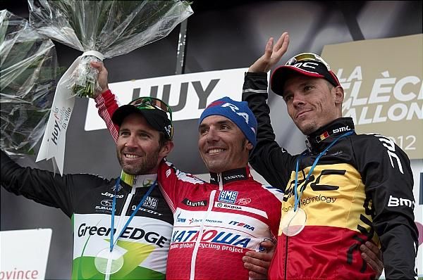 Top 3 at 2012 La Fl&egrave;che Wallonne: Michael Albasini (GreenEdge), Joaquim Rodriguez (Katusha) and Philippe Gilbert (BMC)