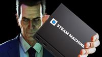 G-Man character from Half-Life holds a Steam Machine box PC