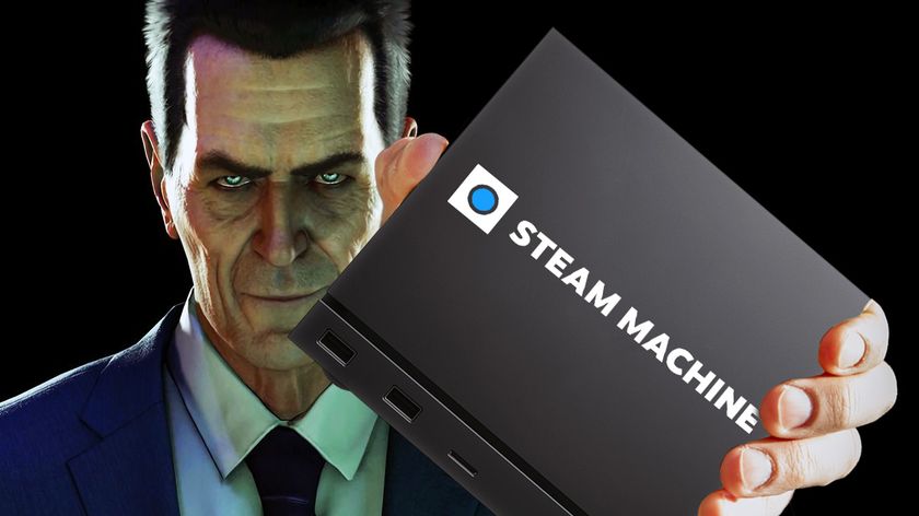 G-Man character from Half-Life holds a Steam Machine box PC