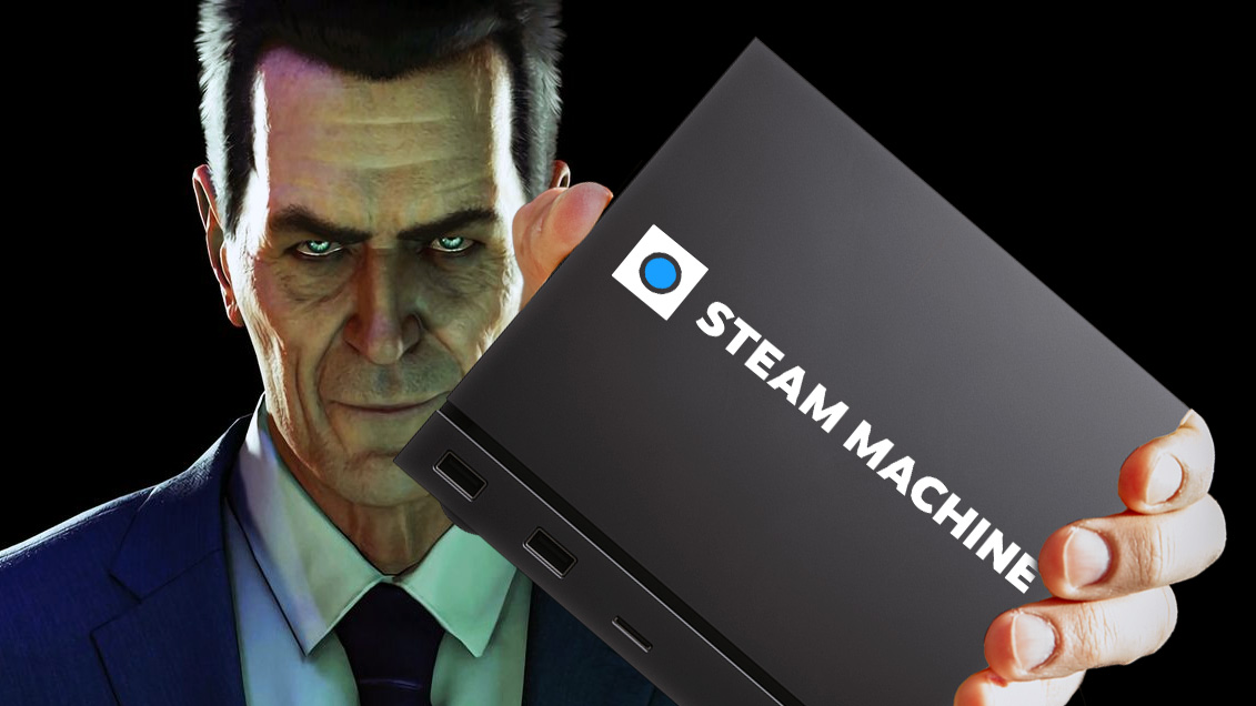 G-Man character from Half-Life holds a Steam Machine box PC