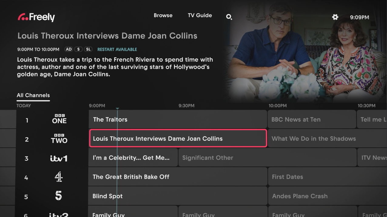 Freely live UK TV and catch-up streaming service user interface
