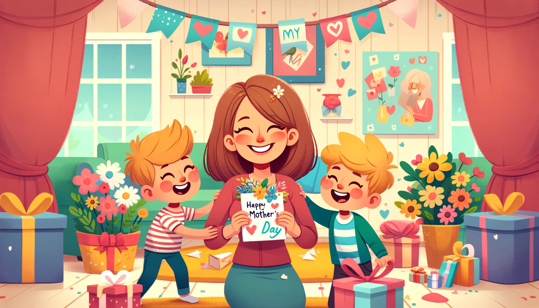  A cartoon-style image celebrating Mother's Day. The scene includes a smiling mother surrounded by her happy children, in a cozy living room with colourful decorations and flowers.  