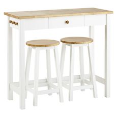 Adler Bar Table and Stools, white with light brown tops on the table and two stools