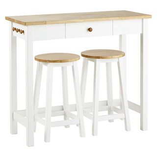 Adler Bar Table and Stools, white with light brown tops on the table and two stools