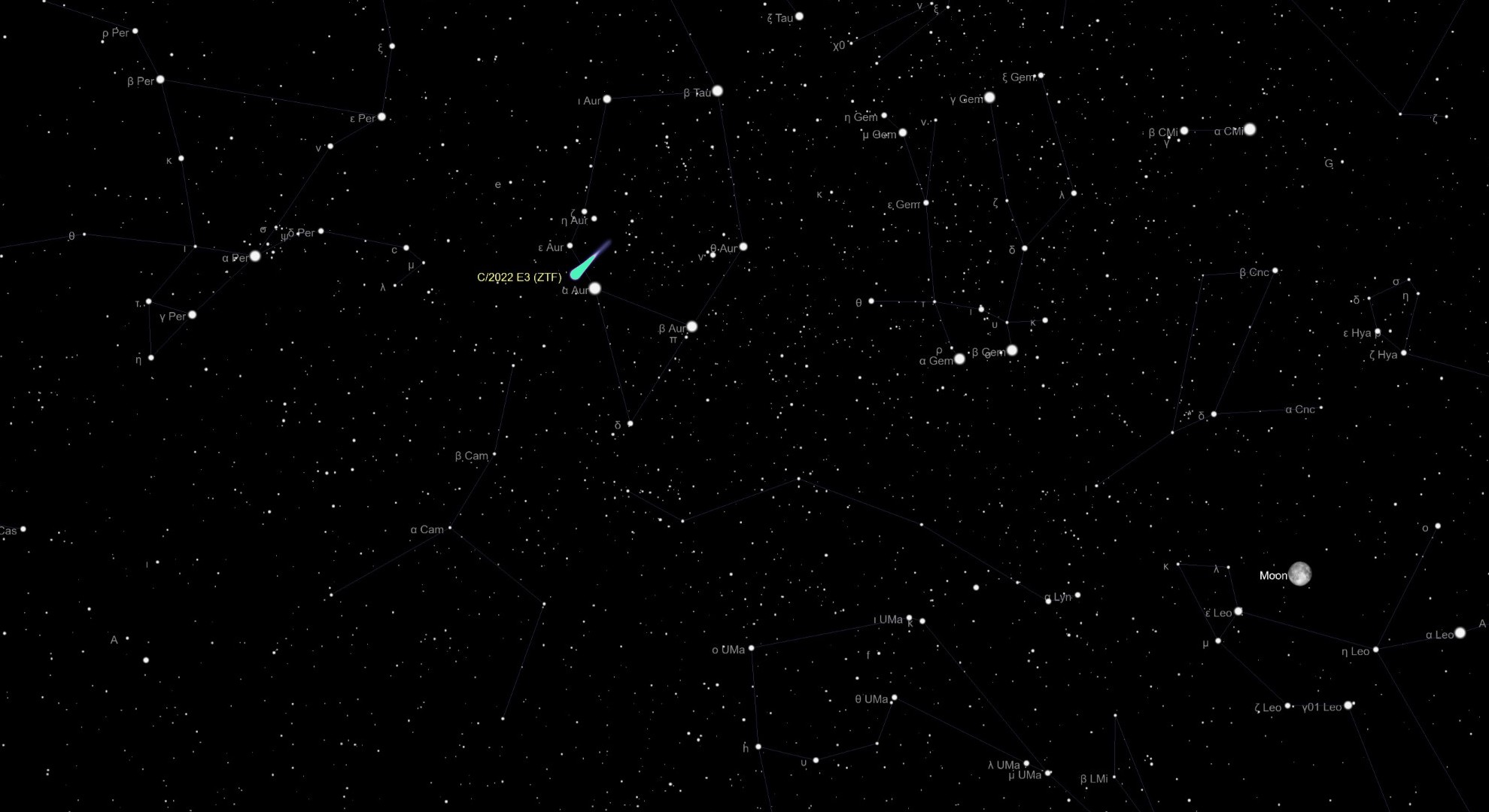 An illustration of the night sky on Feb. 5 showing comet C/2022 E3 (ZTF) close to the star Capella in the Auriga constellation.