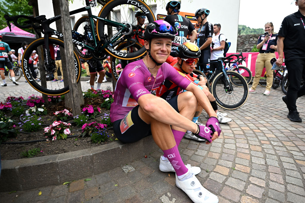 PERGINE VALSUGANA ITALY MAY 24 Jonathan Milan of Italy and Team Bahrain Victorious Purple Points Jersey prior to the 106th Giro dItalia 2023 Stage 17 a 197km stage from Pergine Valsugana to Caorle UCIWT on May 24 2023 in Pergine Valsugana Italy Photo by Stuart FranklinGetty Images