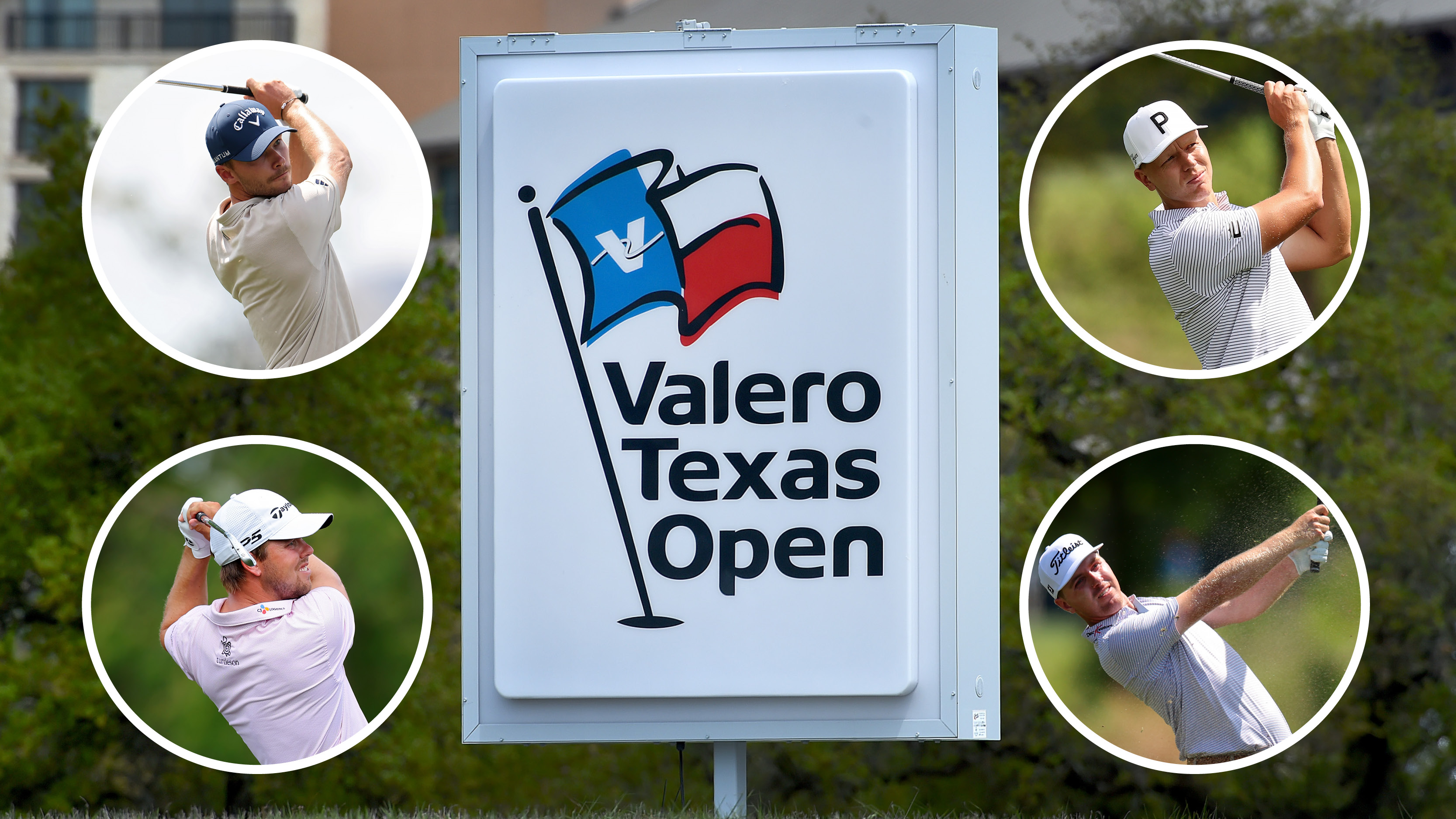 A Valero Texas Open sign and insets of four PGA Tour players