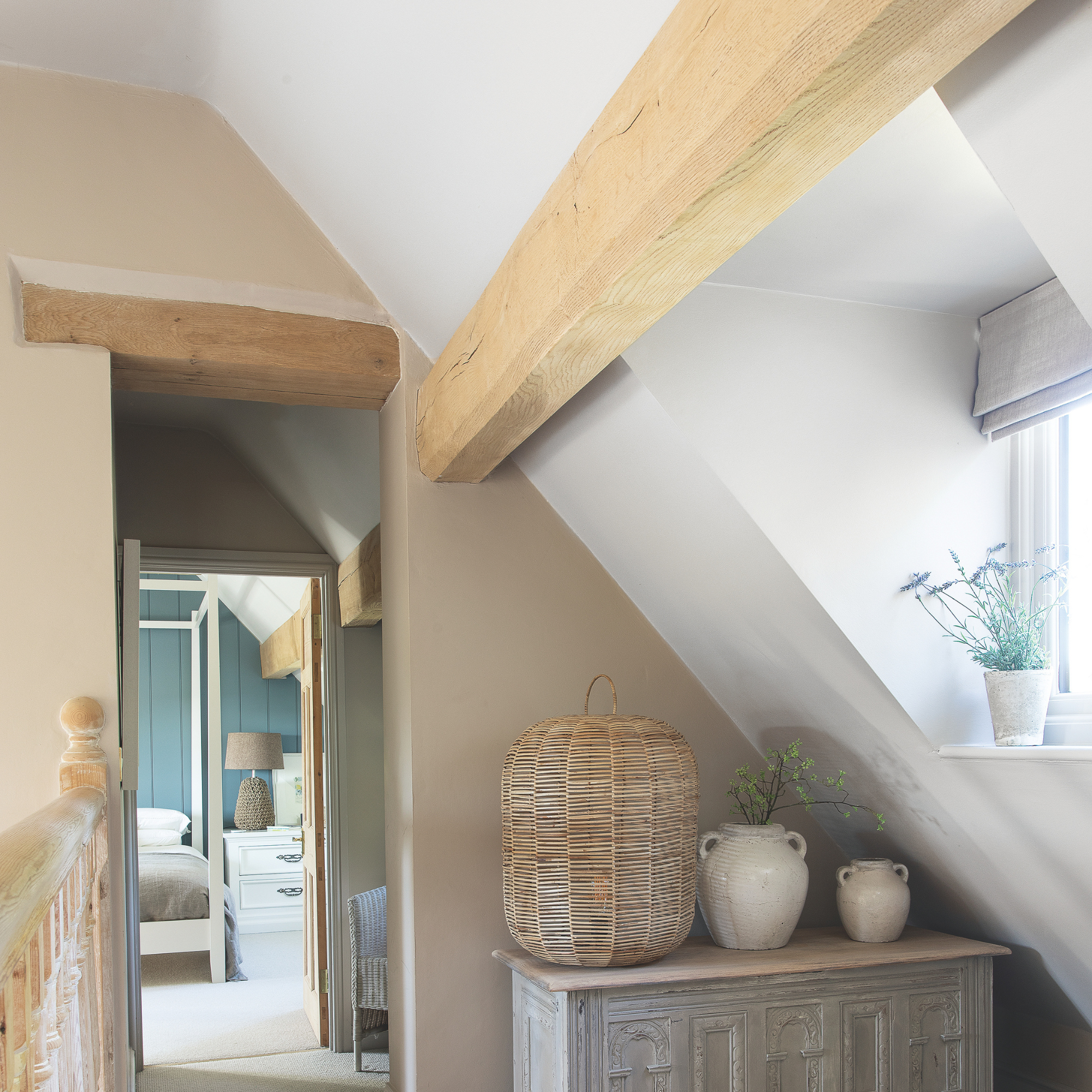 Beige hallway with white ceiling.