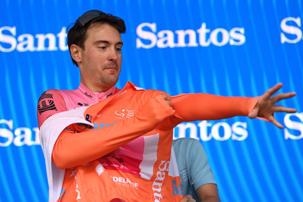 TANUDAZ AUSTRALIA JANUARY 18 Alberto Bettiol of Italy and Tam EF Education Easypost celebrates at podium as Orange Leader Jersey during the 23rd Santos Tour Down Under 2023 Stage 1 a 1499km stage from Tanunda to Tanunda on January 18 2023 in Tanunda Australia Photo by Tim de WaeleGetty Images