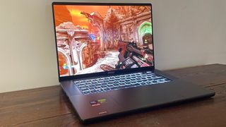 An MSI Stealth 16 AI+ gaming laptop.
