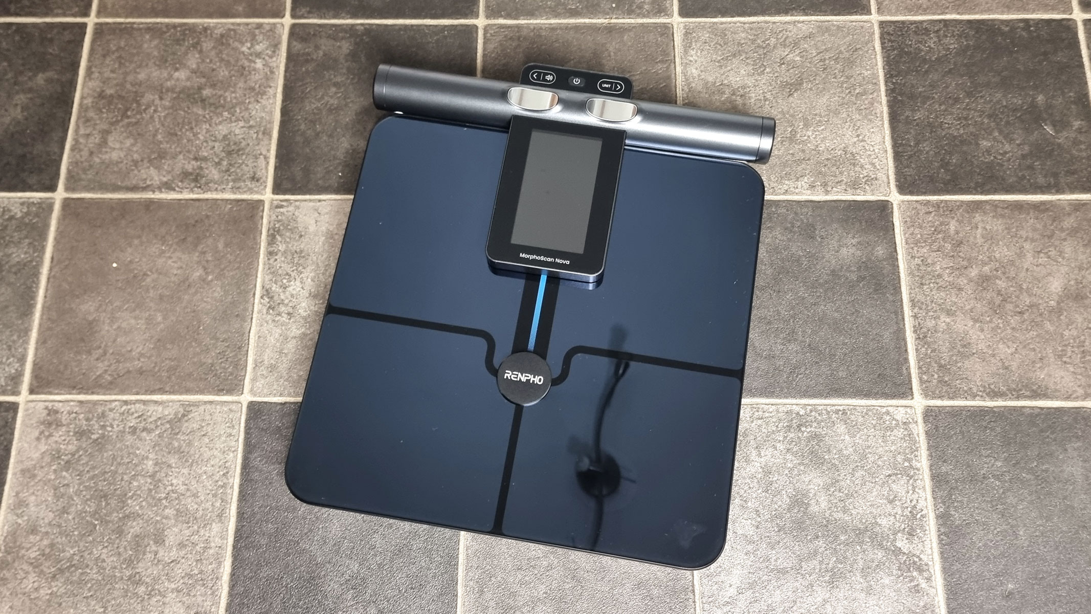 A picture of our reviewer's Renpho Morphoscan Nova smart scale, a view from the top