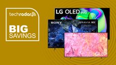 Collage of Samsung LG and Sony TVs on a yellow background