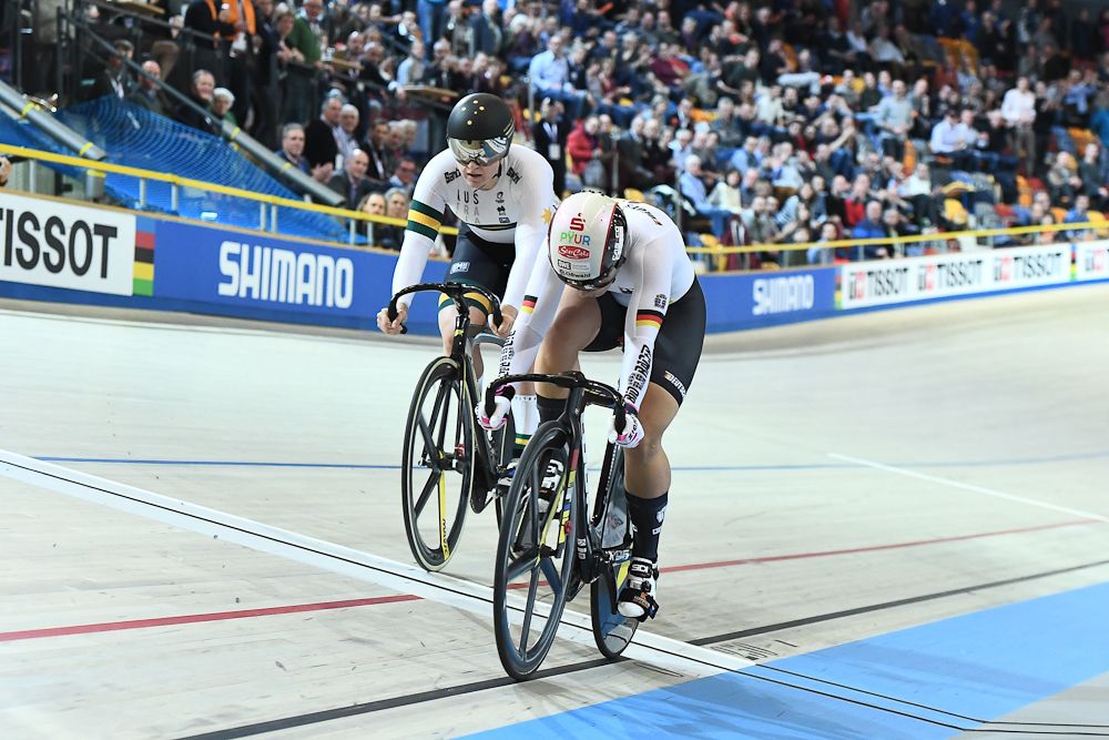 Gold medalist Germany's Kristina Vogel (R) rides ahead of Silver medalist Australia's Stephanie Morto during the women's sprint final during the UCI Track Cycling World Championships