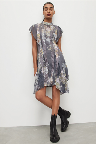 AllSaints asymmetric gray short sleeved dress in floral parttern