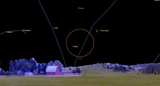 June 2024 night sky map showing the moon to the upper left of Mars.