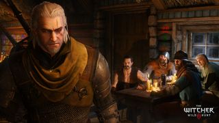 best RPGs: Witcher Geralt turns away from a group of men sitting at a tavern table