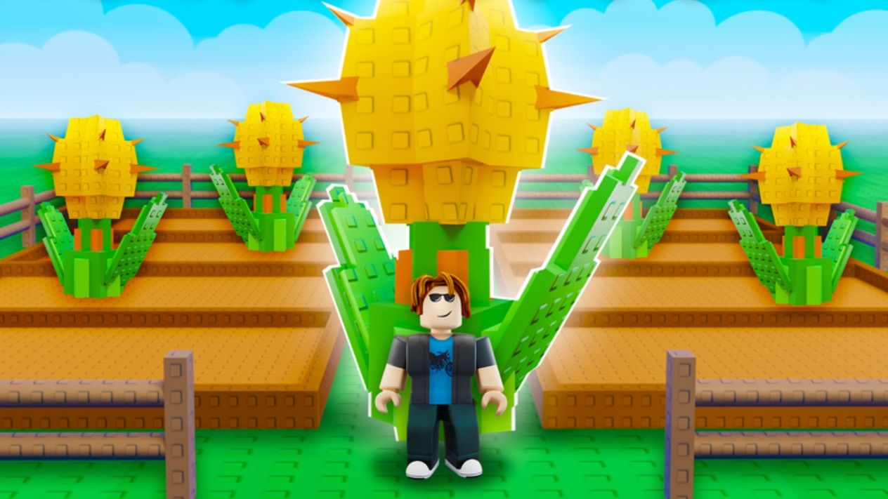 A Roblox character stands in front of a spiky yellow plant in garden plots