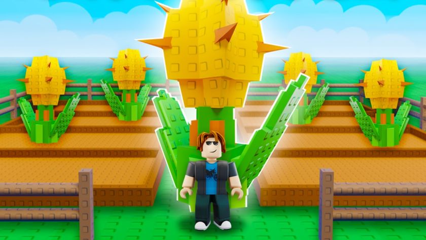 A Roblox character stands in front of a spiky yellow plant in garden plots