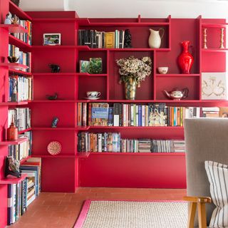 Red built in wrap around bookcase