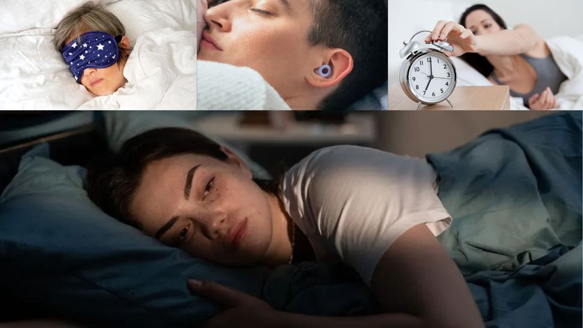 An image of a woman awake at night below images of different sleep solutions