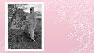 Maryjo Borrelli hiking on pink background with floral illustration