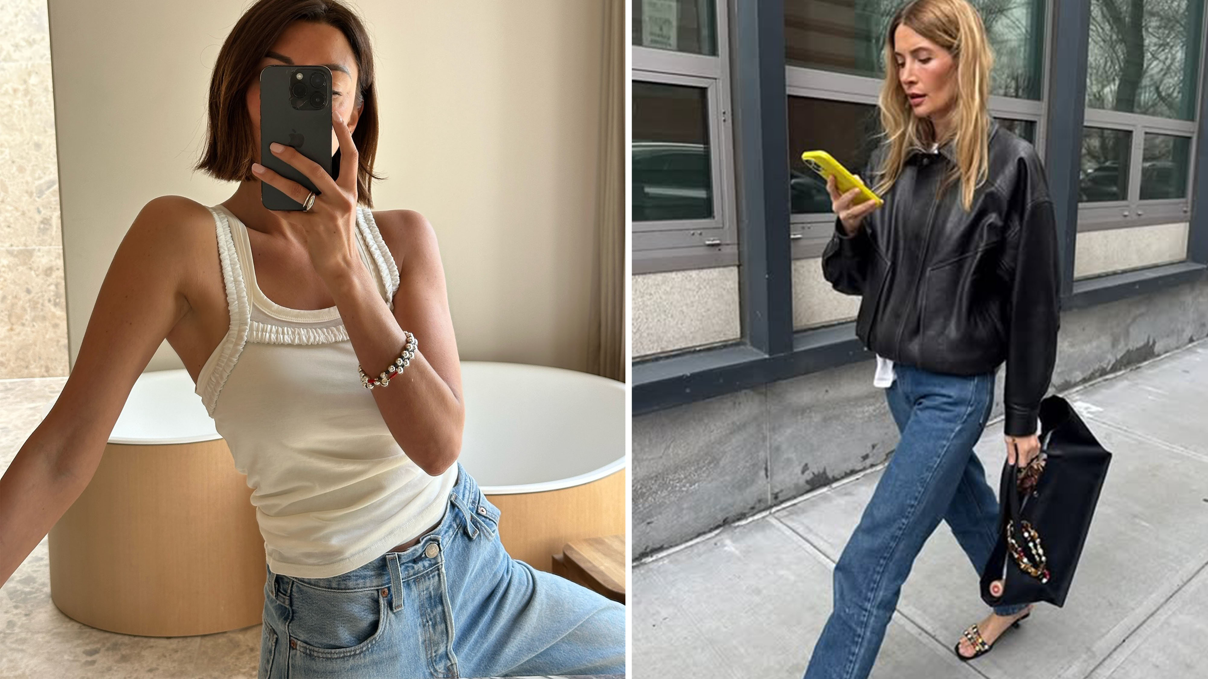 Woman in tank top and jeans, woman in leather jacket and jeans